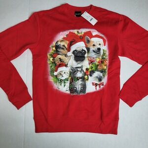 Fifth Sun Womens S Red‎ Christmas Cats Dogs Sloth Wreath Graphic Sweatshirt NWT